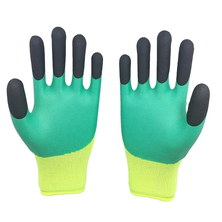 China made polyester Knitted green half latex coated Gloves with black finger