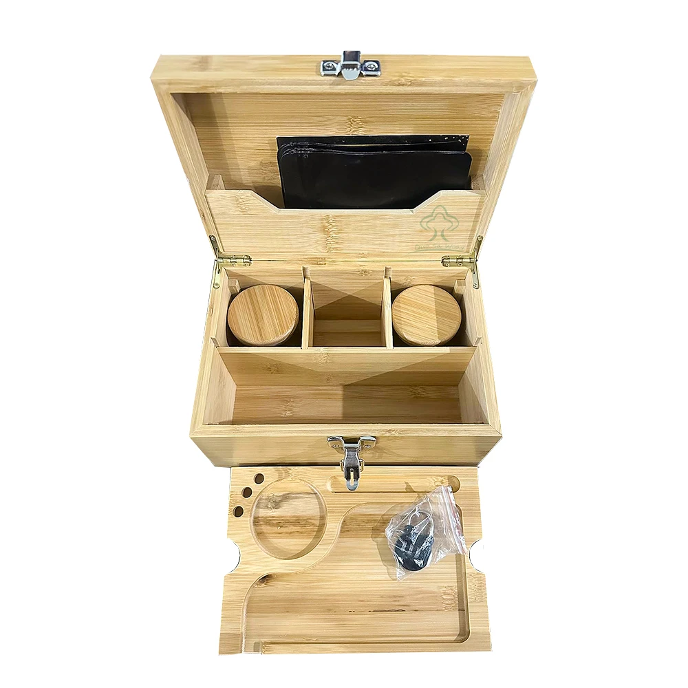 Large Bamboo Wooden Box Tray Set, Locking Storage Decorative Box for Home with Combination Lock, Rolling Tray Stash Box