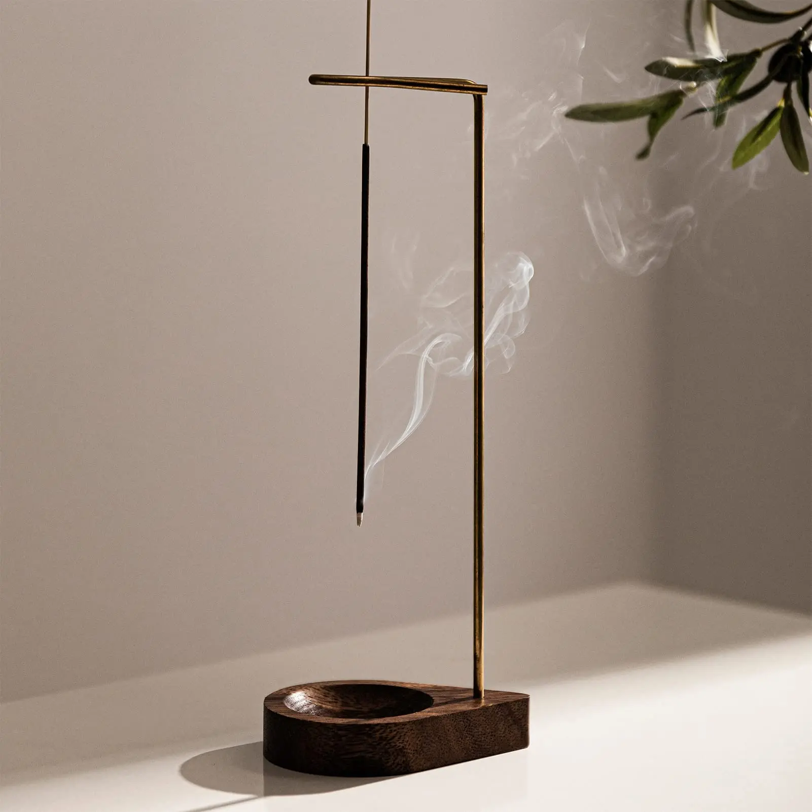 Brass Incense Burner Holder for Home and Office Decor, Modern Incense-Stick Holder,Incense Holder with Walnut Base,