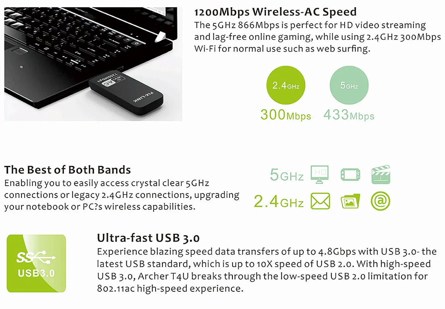 Лидер продаж 1200 Мбит/с Беспроводной двухдиапазонный ключ USB 3 0 сетевая карта Wi-Fi