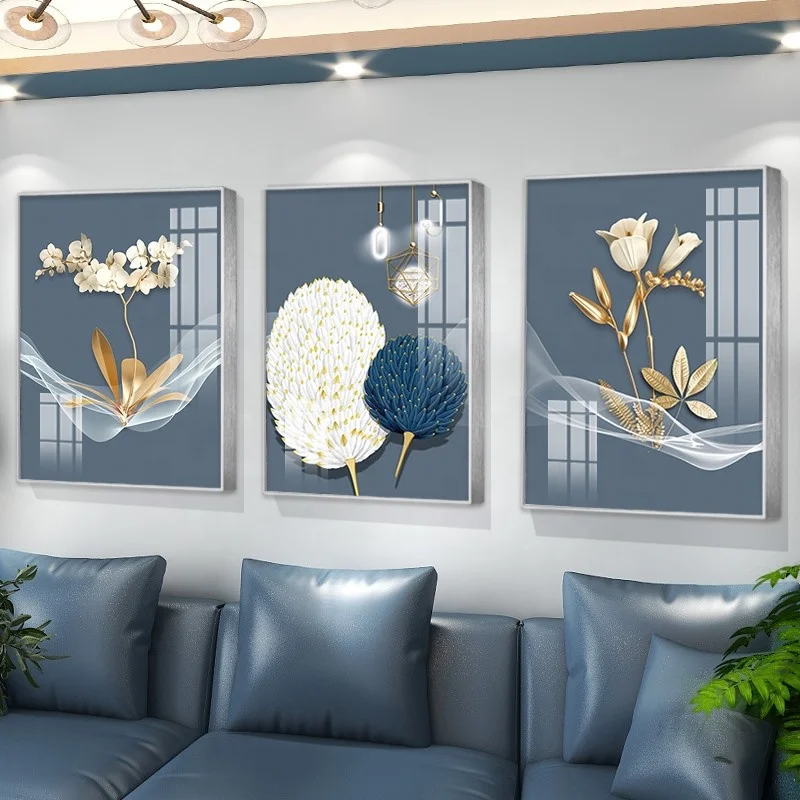 Scandinavian Light Luxury Flower and Leaf Crystal Porcelain Painting for Sofa Background Wall and Dining Room Wall Decoration