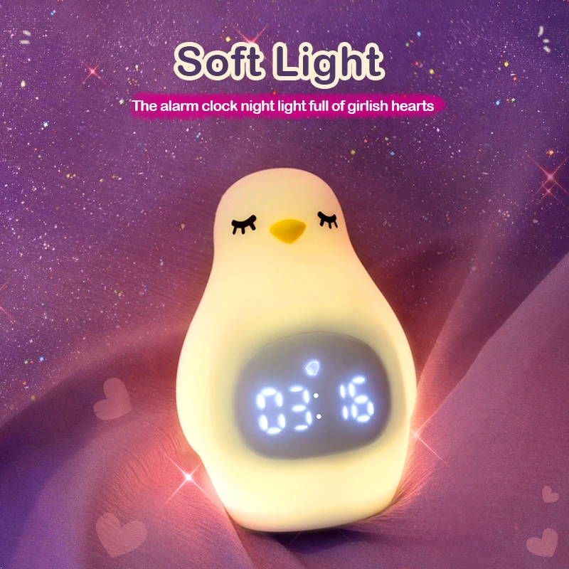 Amazon Best Selling Cartoon Penguin Rechargeable children kids sleep trainer alarm clock night light