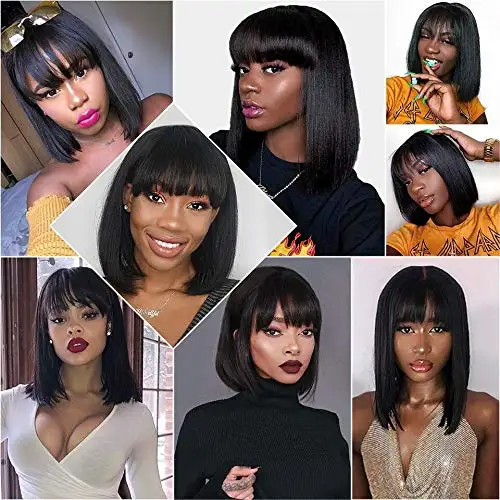 Human Hair Short Straight Bob Wig For Black Women,Brazilian Remy Hair Pixie Cut BOB Wig Full Machine Made Wig With Bangs