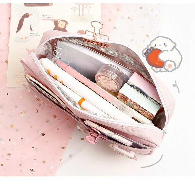 Canvas Pencil Case Cute Animal Badge Pink Pencil Case Large School Pencil Bag Stationery Supplies