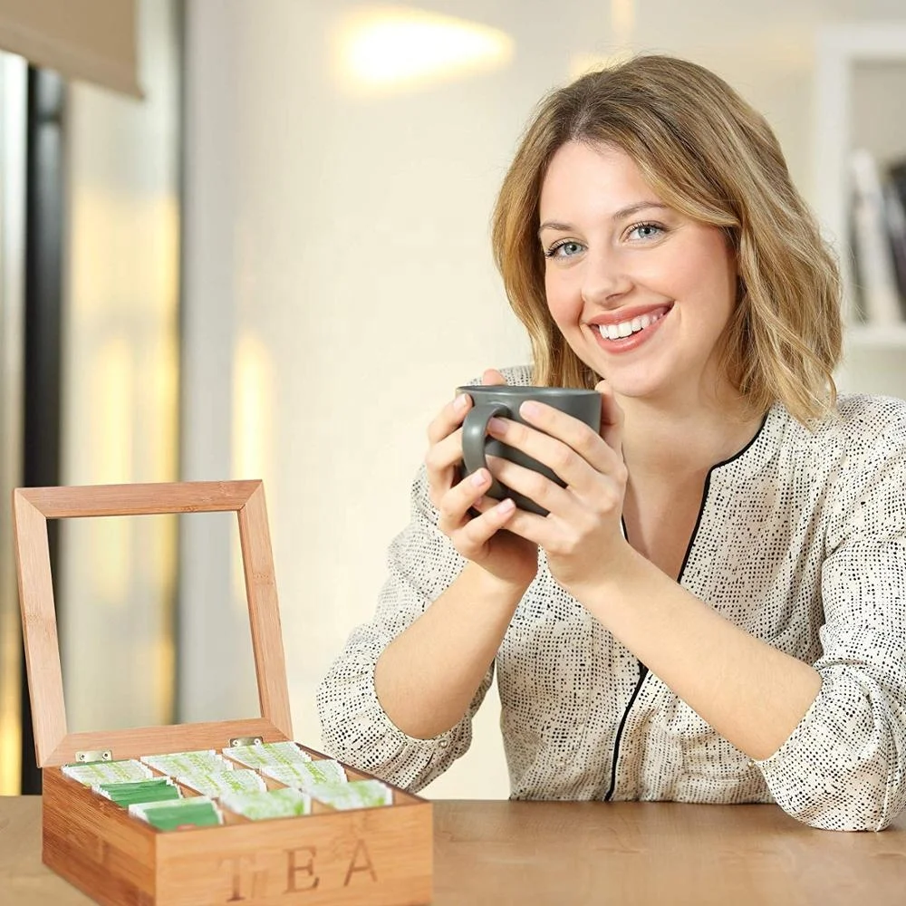 
Natural Bamboo Tea Box Storage Organizer- 9 Compartments Tea Bag Holder with Clear Glass Lid 