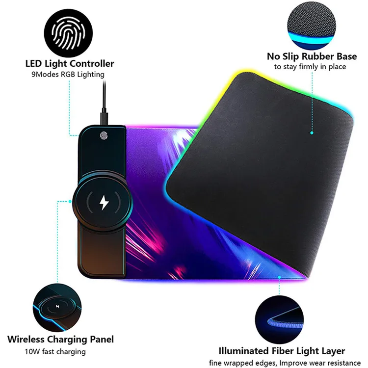 Hot Selling 2 in 1 Wireless Fast Charging Mousepads, 15W Wireless Phone Charger, Gamer RGB Led Mouse Pad