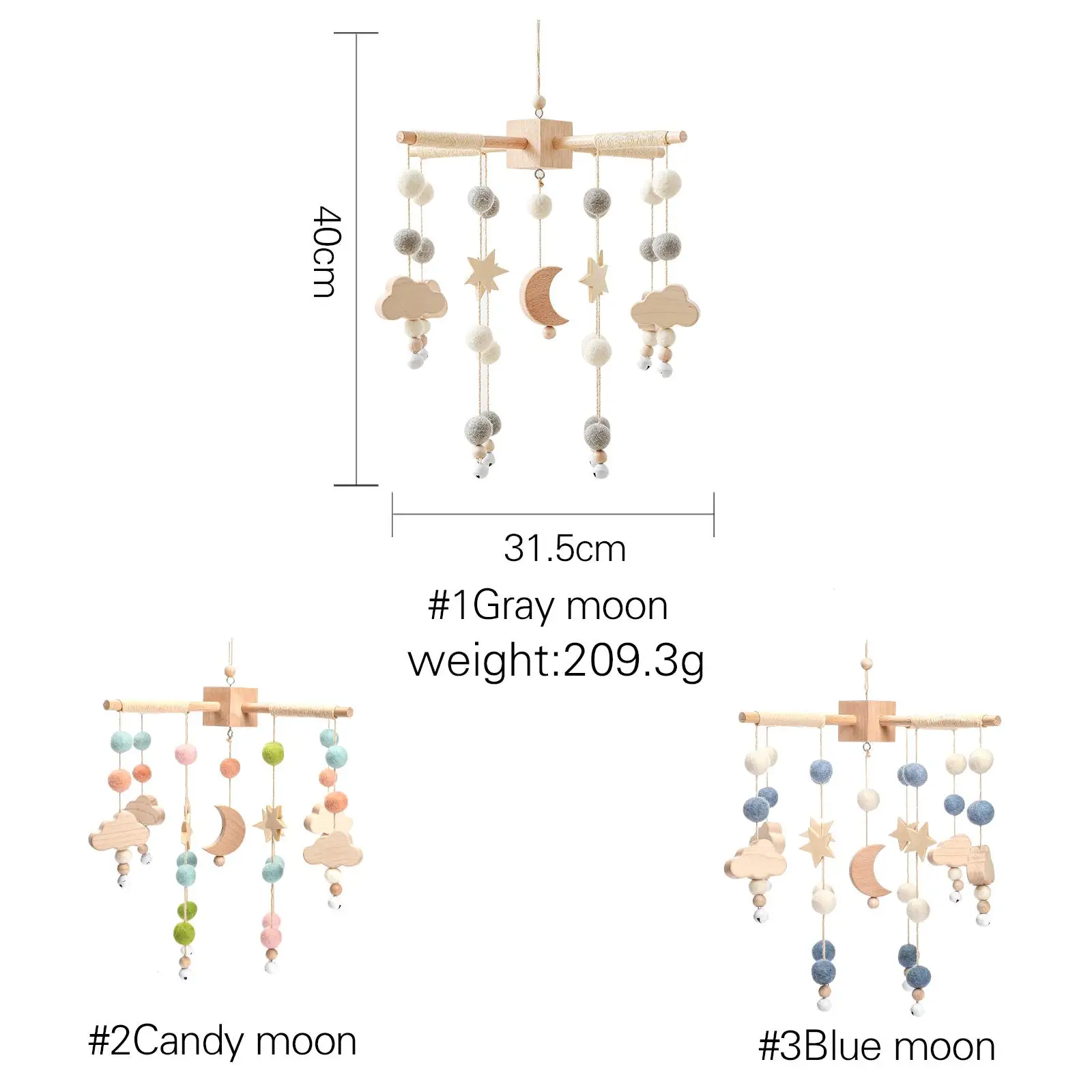 Hand-made Natural Beech Felt Baby Crib Mobile Toy Set Stars and Moon Bedbells in a Variety of Colors for Baby Crib Mobile