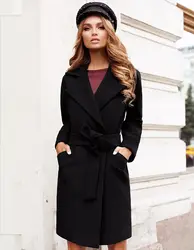 Women Elegant Long Wool Coat With Belt Solid Color Long Sleeve Chic Outerwear Ladies Casual Winter Coat
