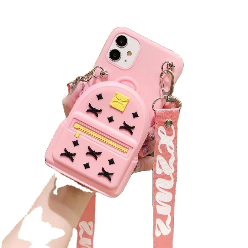 silicon zipper wallet iphone case With Neck Strap and KickStand For iPhone X XS/XR/XS MAX