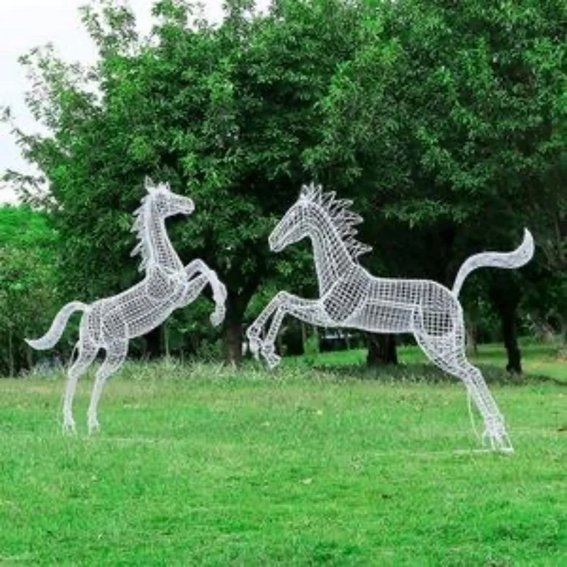 Large Size Modern Stainless Steel Sculpture Outdoor Abstract Art Hollow Stainless Steel Wire Sculpture Metal Horse Statues