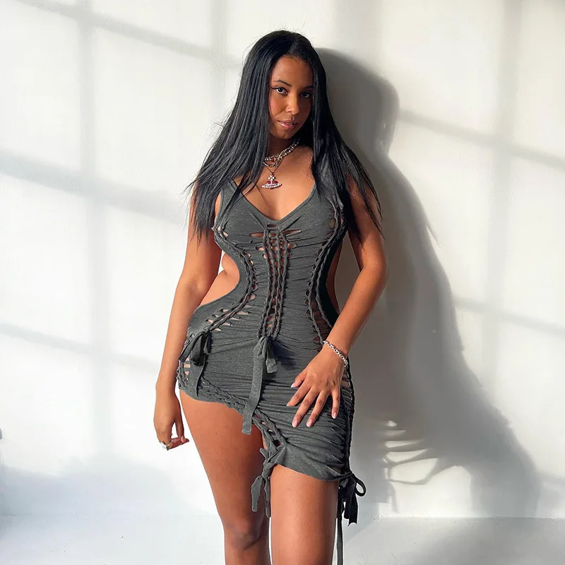 Kliou M22D16419 Sexy Party new fashion mini dress Sleeveless Hollow Out Midnight Solid Bodycon slim dress