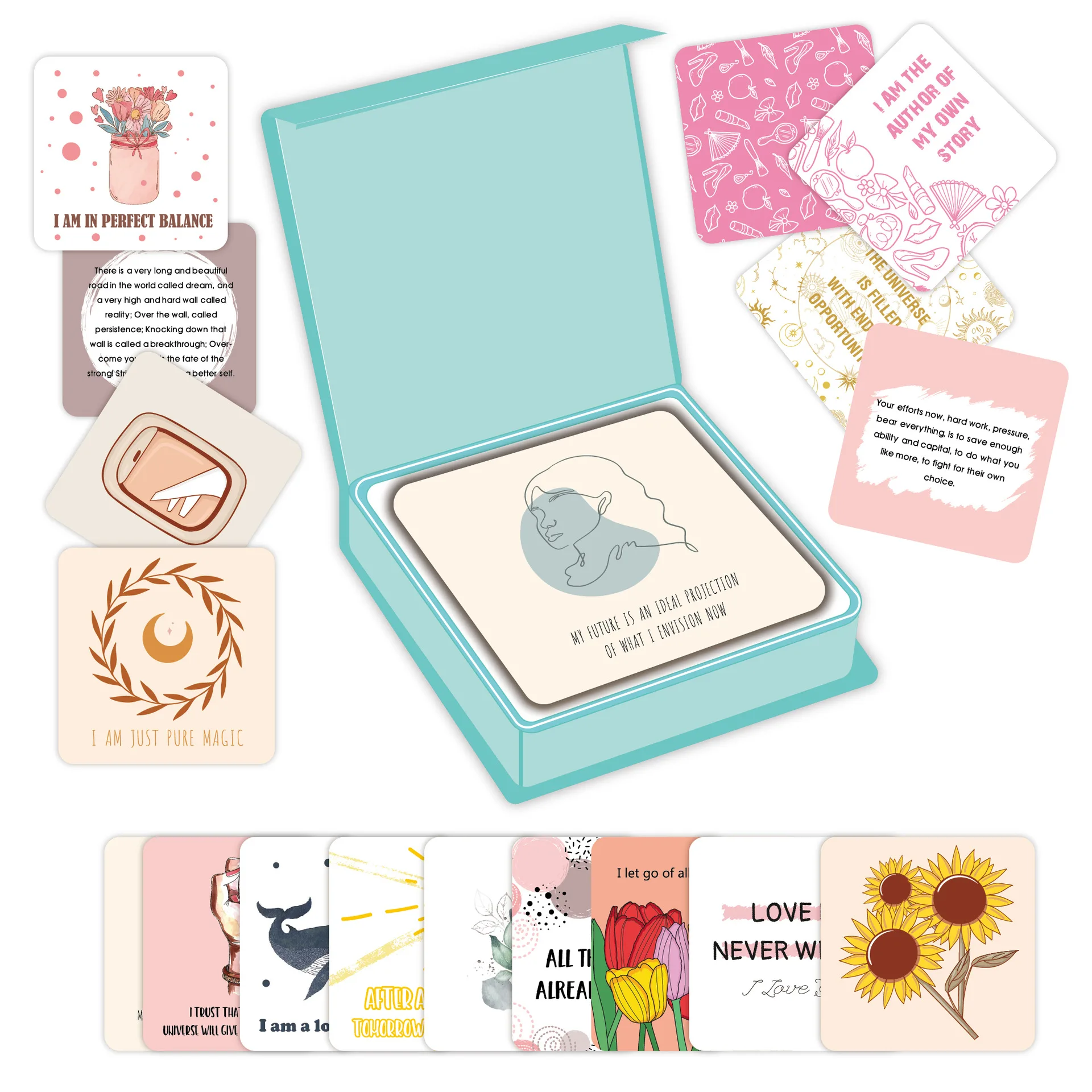 Encouragement Greeting Cards 50 European Women Affirm Positive English Cartoon Set Inspirational Paper Cardboard Cards