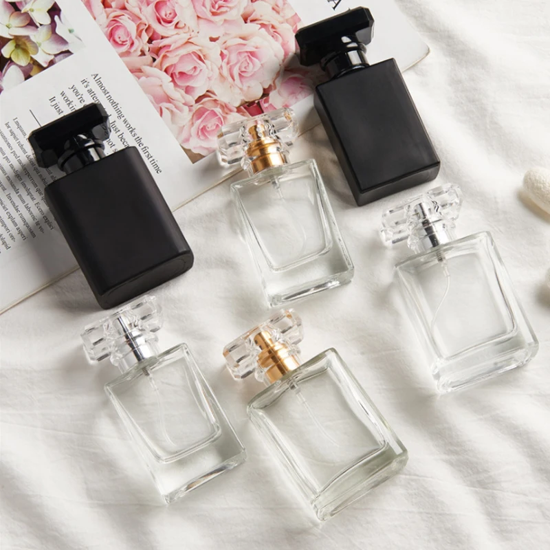 Wholesale 30ml unique refillable custom Black Spray Bottle Empty Glass 30ml Luxury Clear Square Perfume spray Bottles