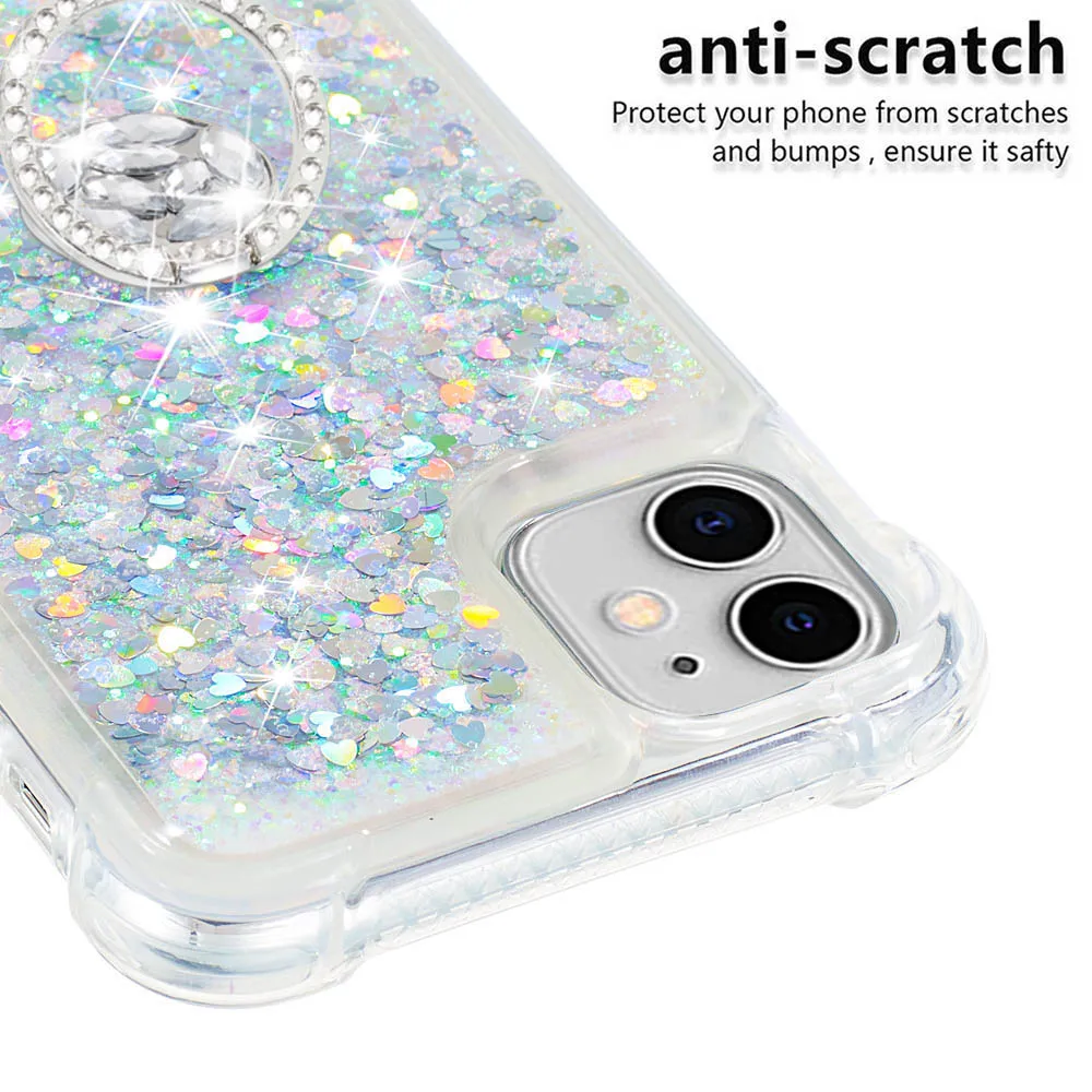 Luxury Glitter Case for iPhone 14 13 Pro Mini Floating Liquid Bling Sparkle Luxury Quick Sand Cover For Girl With Ring Holder