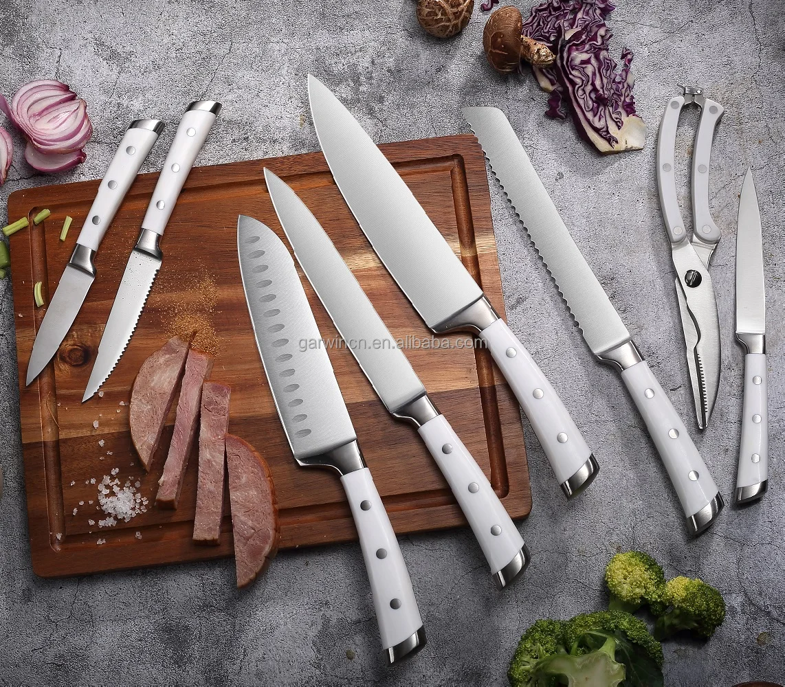 Wholesale Custom 8-Piece Kitchen Knife Set 3Cr13 Stainless Steel 430+ABS White Handle Coating Laser Logo Cutting Slicing