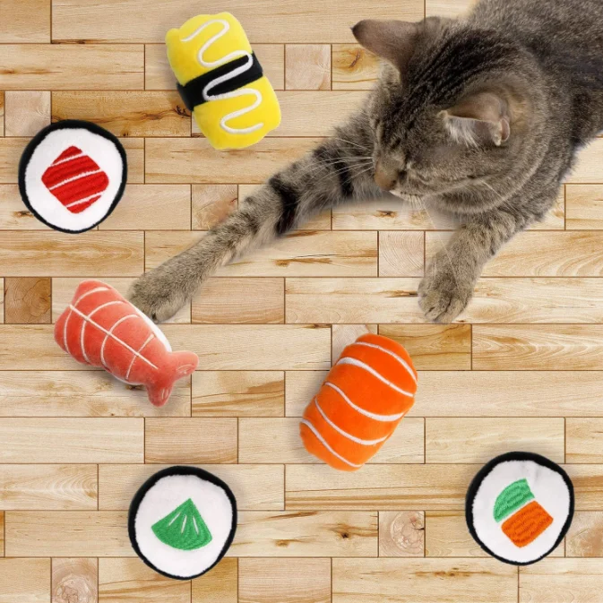 hot 6 Pack Sushi Cat Toys  Sushi Roll Pillow Kitten Chew Bite Relief Cleaning Plush Gift pet Toy