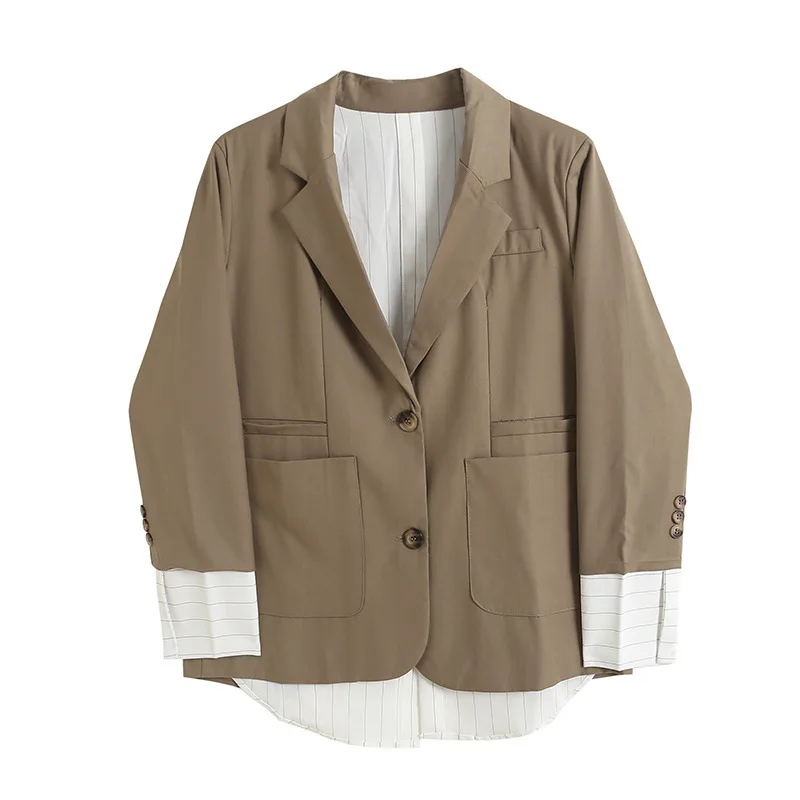 rock and street style stylish loose two piece jacket khaki Splicing cuff and hem causal women suit jacket irregular