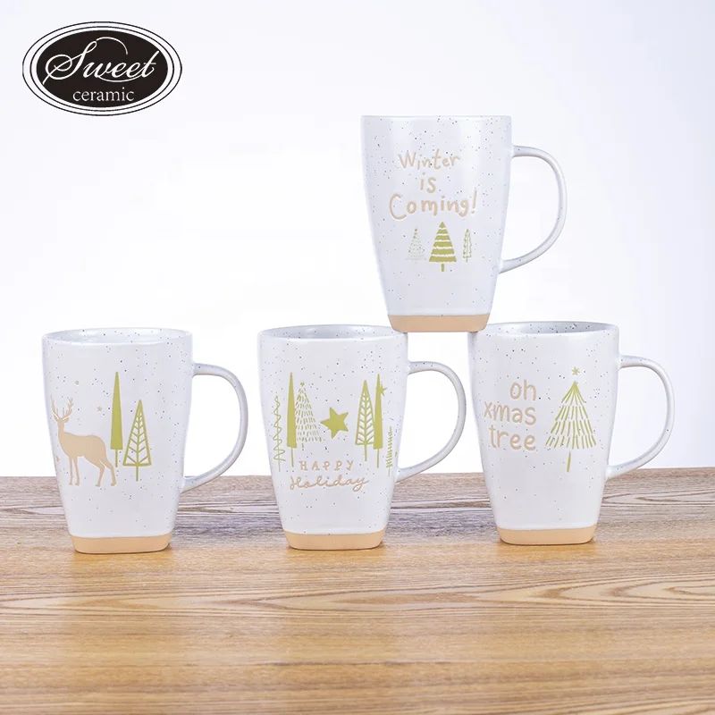 2024 new design  christmas decoration items 16oz popular silk debossed printing   white ceramic coffee mug