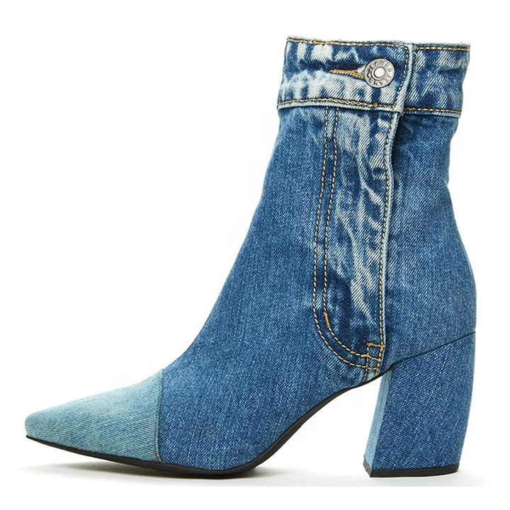 Denim boots 2020 designer chunky heel pointed toe ankle boots custom high quality ladies cowboy boots