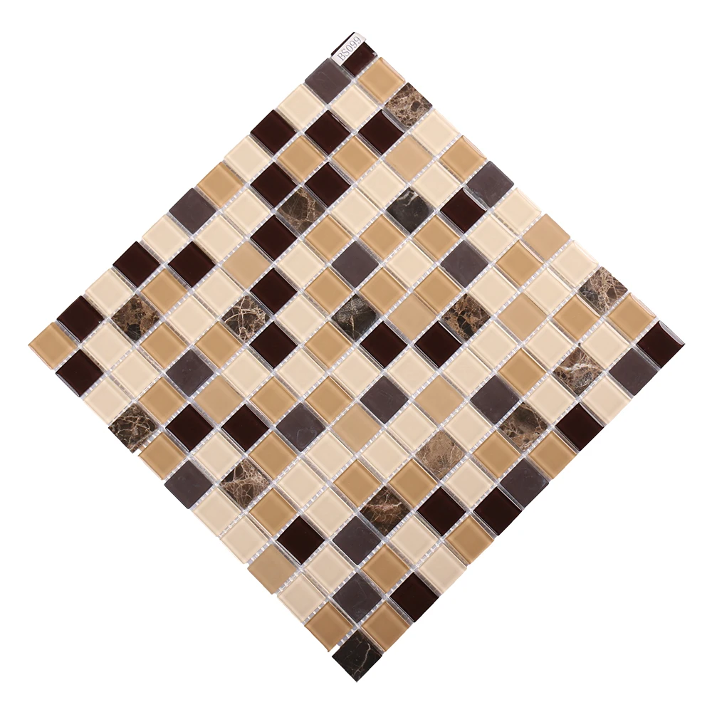 Classic kitchen wall decorative square beige brown glass marble mosaic tiles