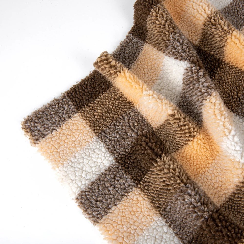 Hot sale 100% polyester plaid design sherpa fleece faux fur fabric for garments , winter jacket ,coat