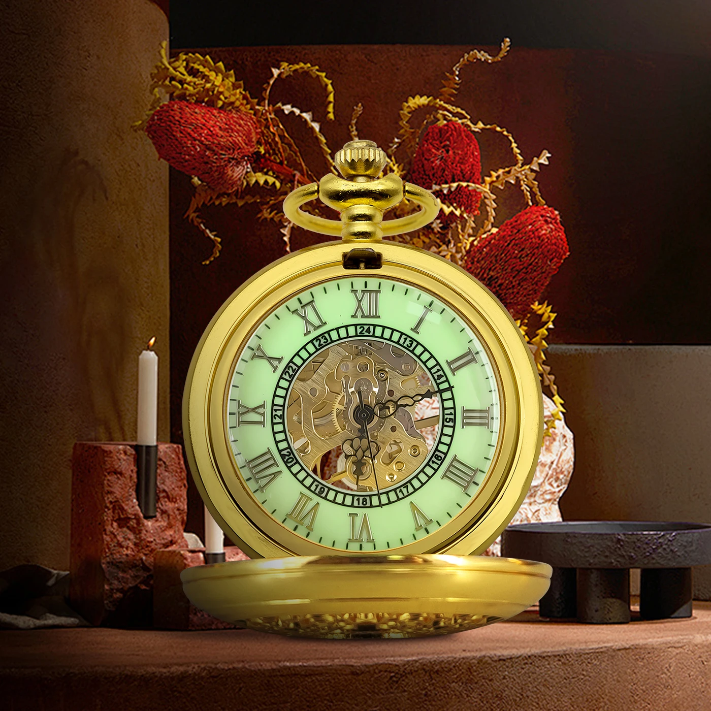 Vintage Gold Black Necklace Steampunk Skeleton Mechanical Fob Pocket Watch Clock Luminous Pendant Hand-winding Men and china