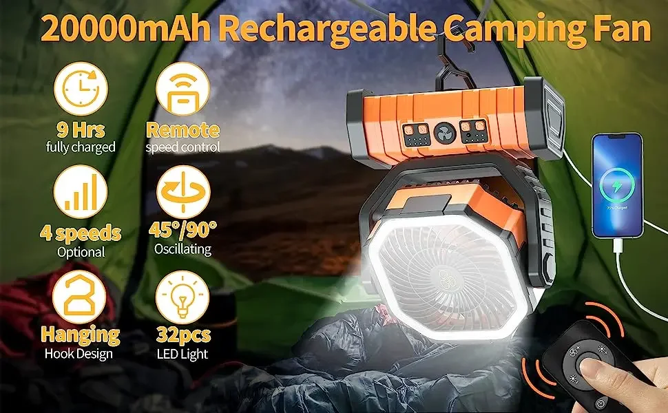 20000mAh Outdoor USB Rechargeable Portable Desk Camping Oscillating Fan with LED Lamp For Tent
