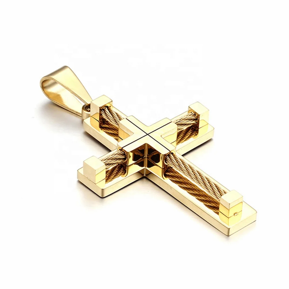 MECYLIFE 18K Gold Plated Hiphop Pendant Fashion Stainless Steel Christian Cable Wire Cross Necklace