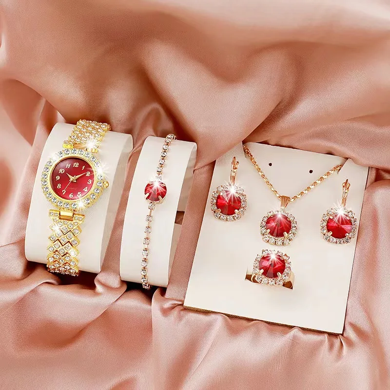NJC Fashion Analog Wrist Watch & 5pcs Jewelry Set Stylish Rhinestone iced out watches set Gift For Women