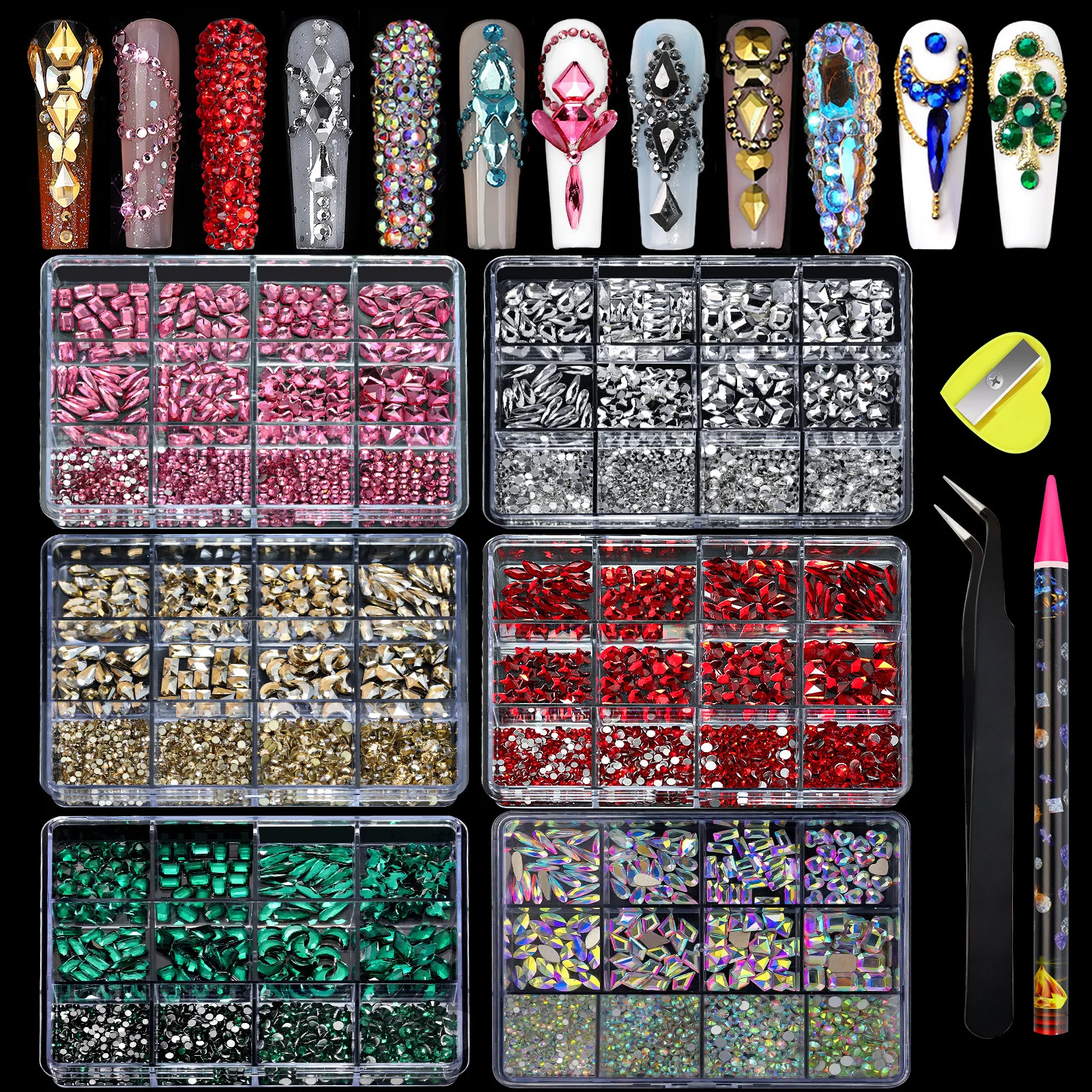 Luxury 3D Mixed Nail Piercing Charms Red Green Pink Custom Logo Nail Charm Rhinestone Bulk With Free Tool