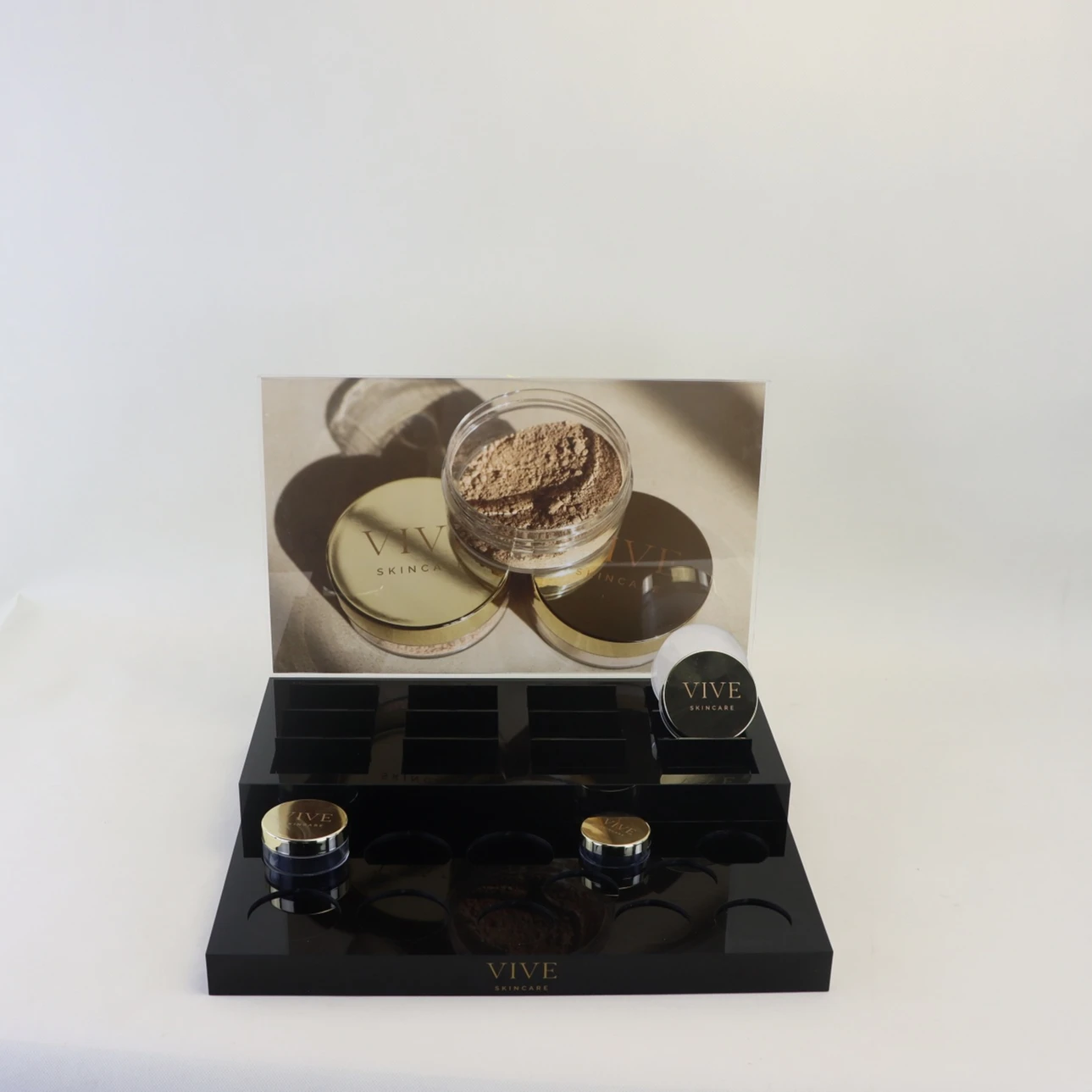 Custom acrylic countertop skin care beauty powder makeup display stand with AD insert