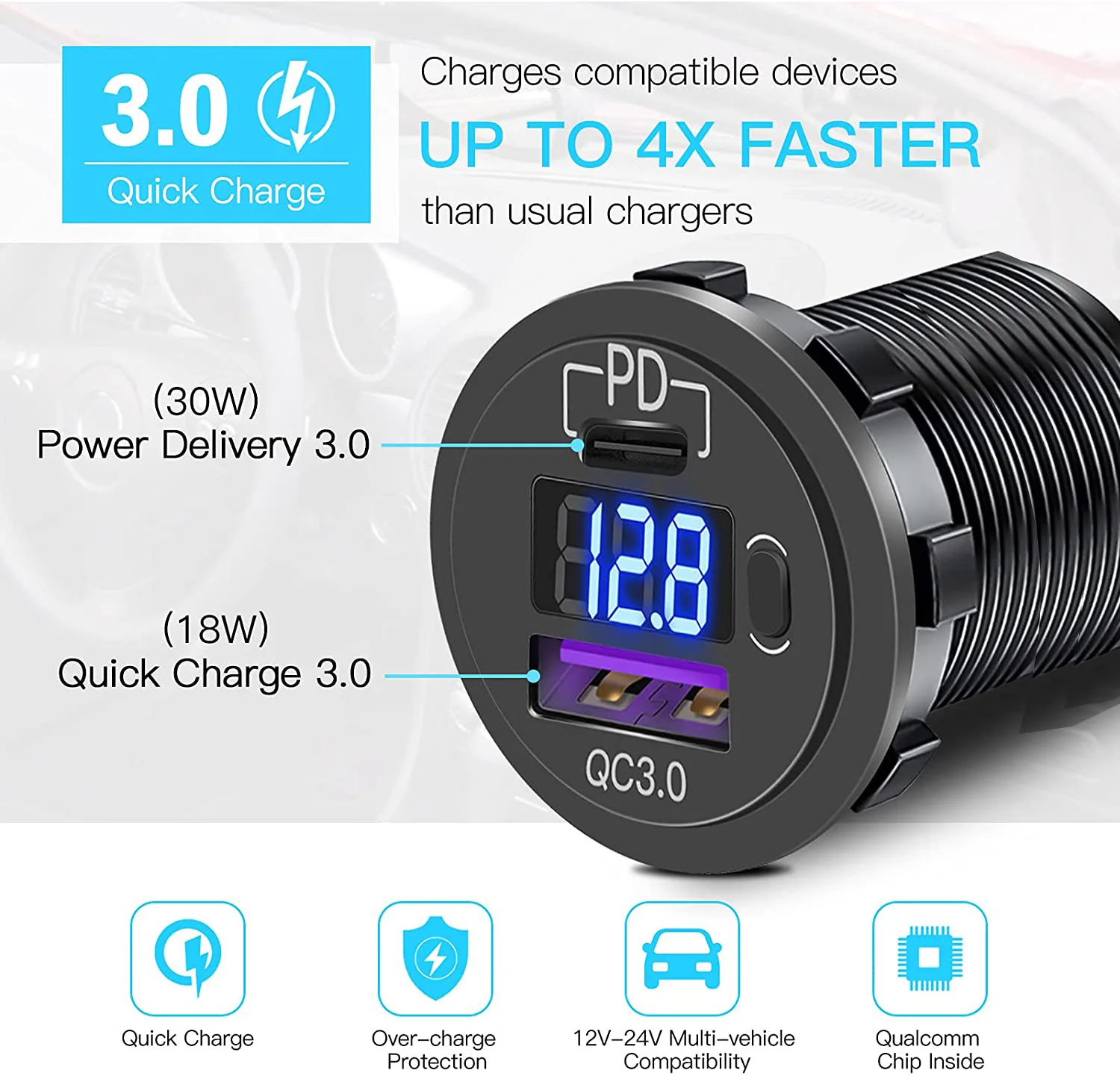 Hot Sale Marine Boat USB Charger 12V Dual USB-C PD3.0 Type C QC3.0 Car Charger Socket Power Outlet With LED Voltmeter Switch