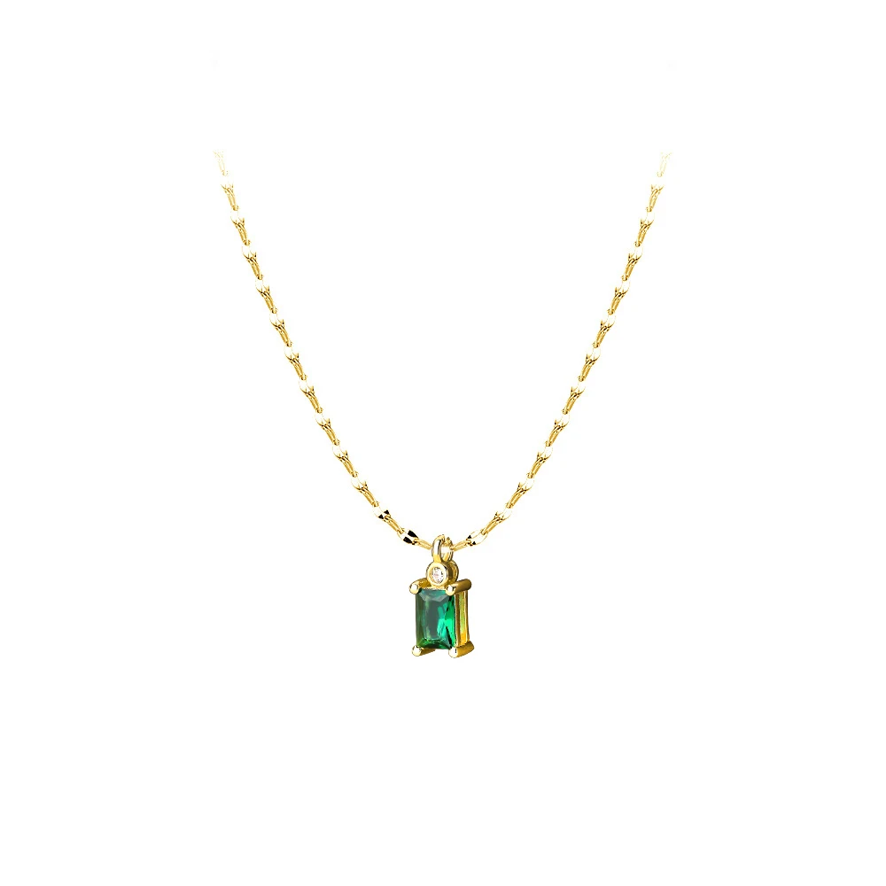 Vintage 925 Sterling Silver 18K Gold Plated Special Cross Chain Emerald Cut Green Zircon Stone Necklace