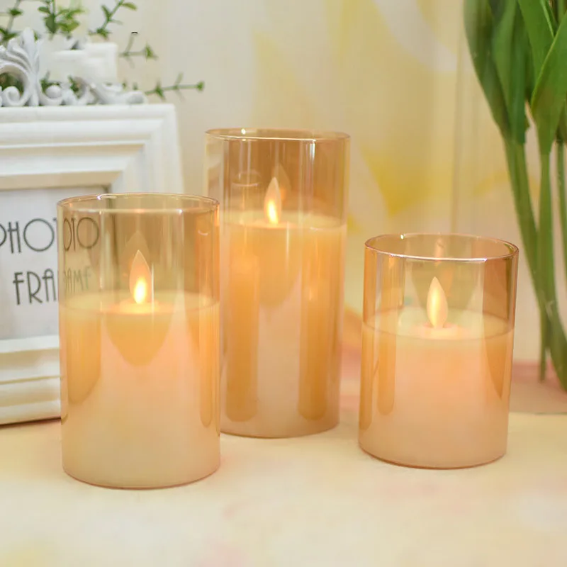 gray gold glass Wax led pillar candle set  Flickering Flameless Battery LED Candle  with glass cup For Home Party Wedding Decor (1600629860427)