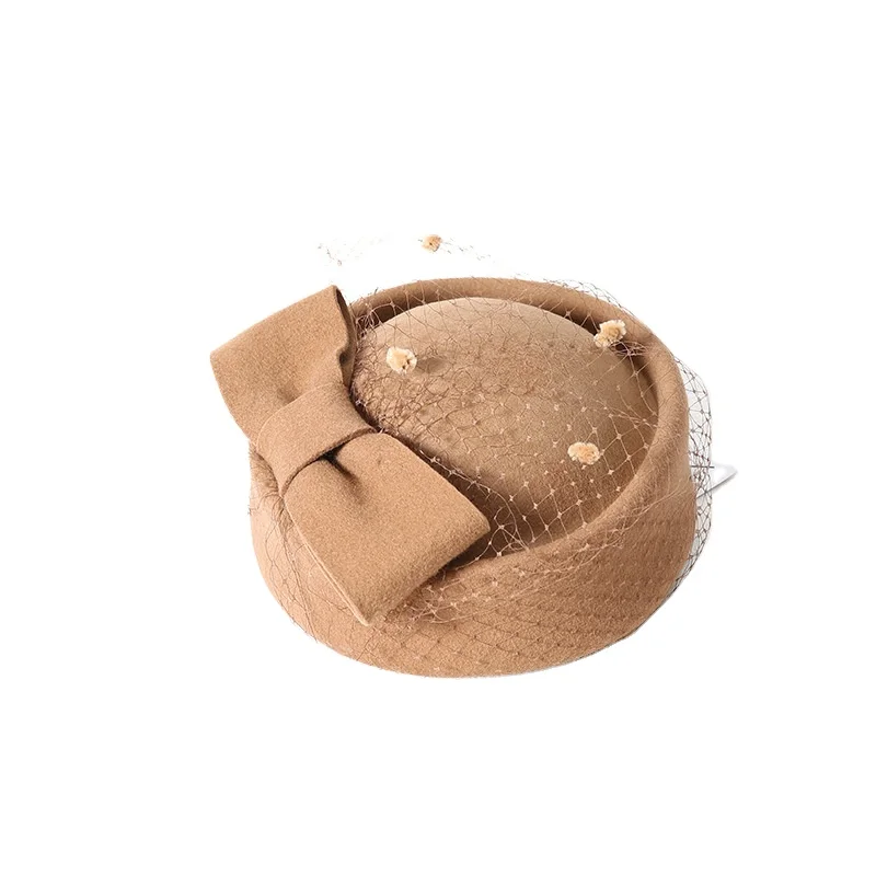 Autumn Bow Knot Woolen Cap Lady Solid Color Adjustable Banquet Top Hat with Mesh INS Fashion Women Winter Warm Caps
