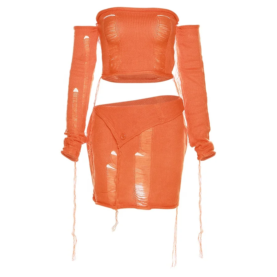 YC24826 See Through 2 Piece Outfit Sexy Knitted Top Match Skirt Two Piece Set Women Clothing