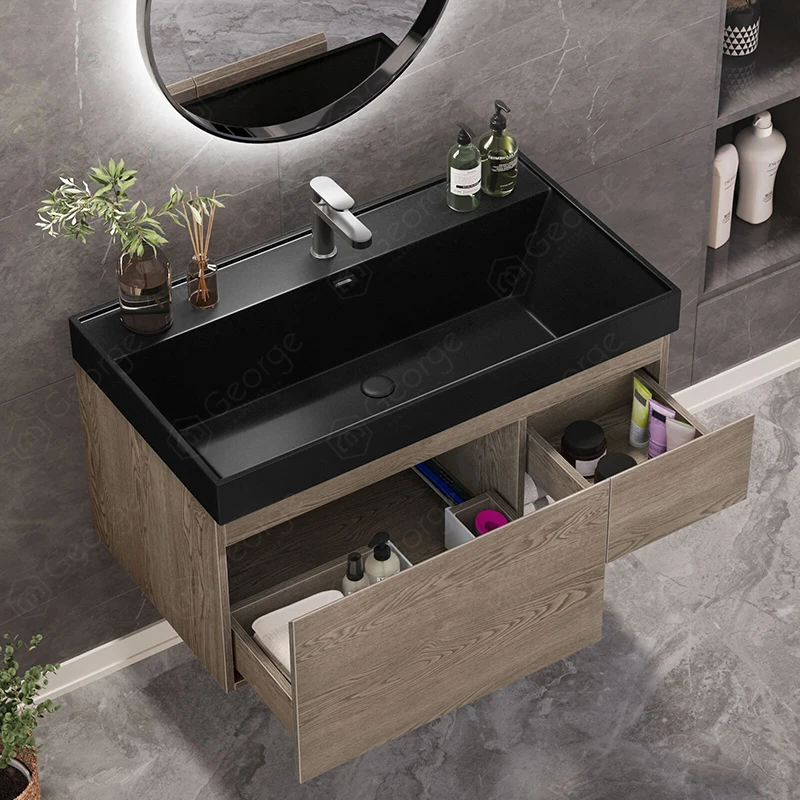 MDF/ PVC/ Plywood bathroom vanity cabinets with light mirror and slab basin sink for home