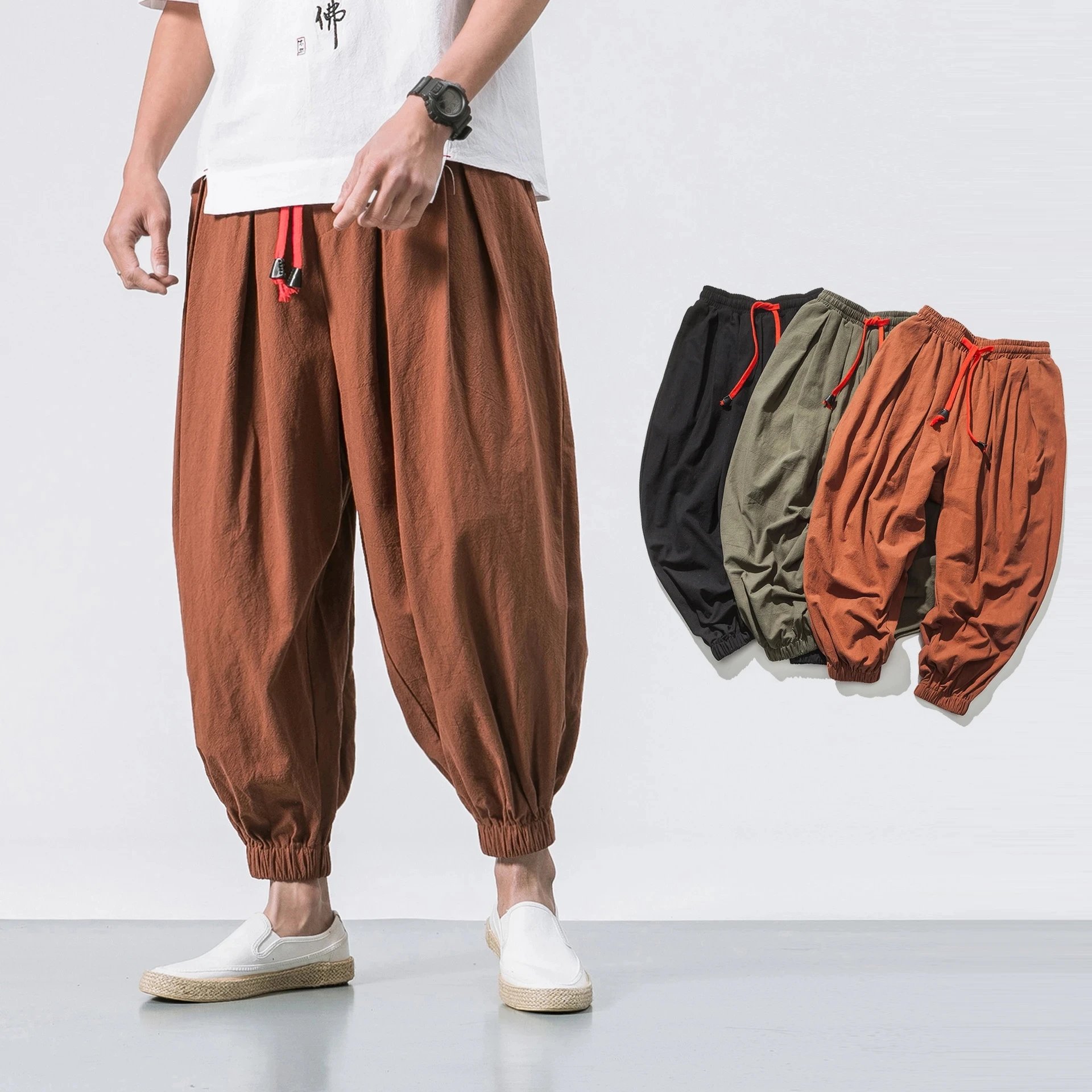Linen Pants Man Summer Fashion Hip Hop Harem Pants Men Joggers Black Green Drawstring Elastic Waist Baggy Drop Crotch Sweatpants