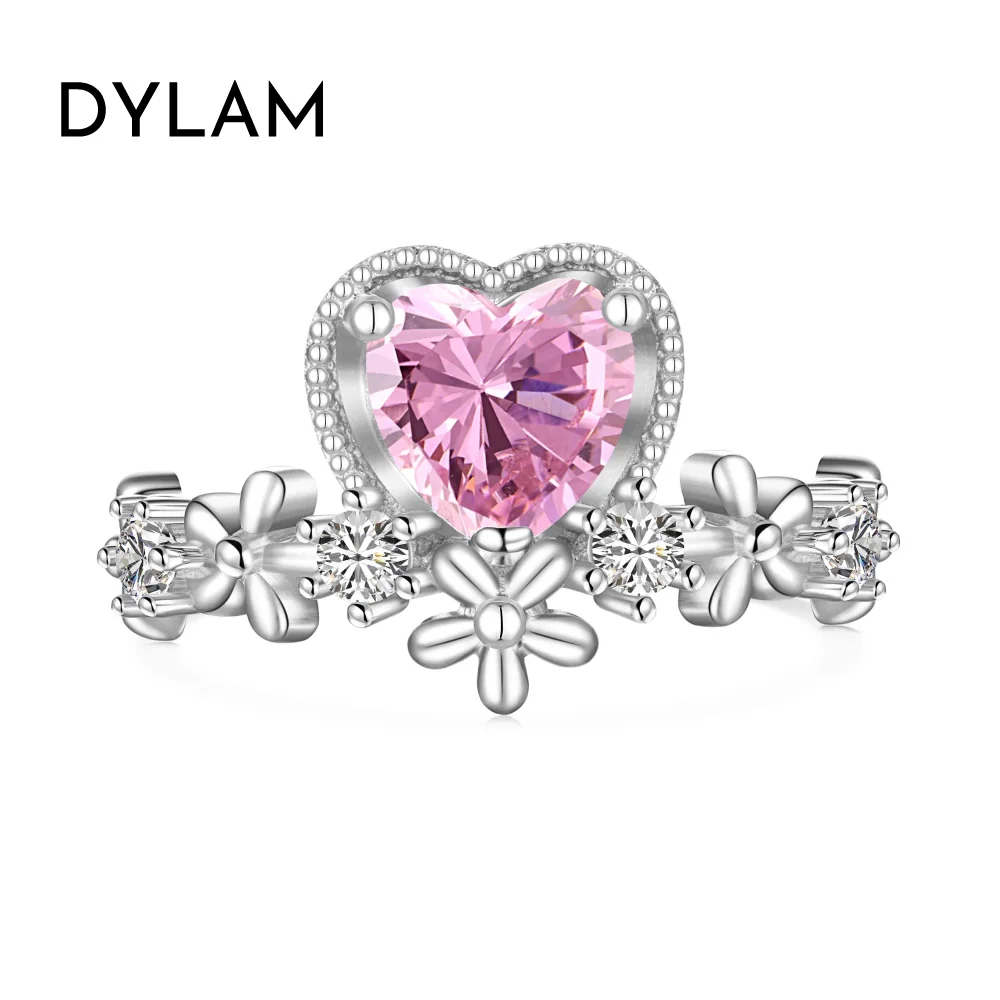 Dylam Exquisite S925 Silver Crown Flower Heart Ring Temperament Sweet Versatile Love Pink Cz Cubic Zirconia Rings Jewelry Women