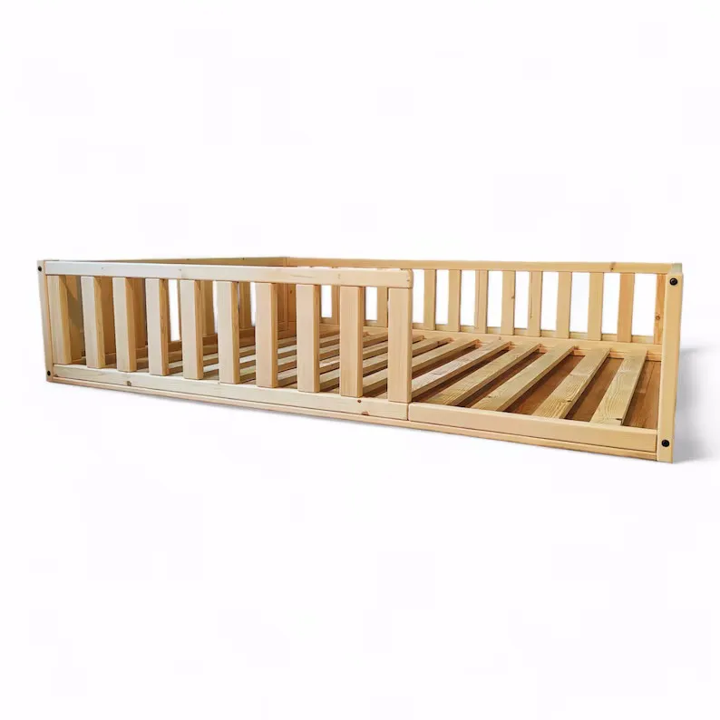 Montessori   Floor  with Rails Kids Floor Bed Frame Children House Bed with Rails and Slats Handmade Solid Wood Toddler Bed
