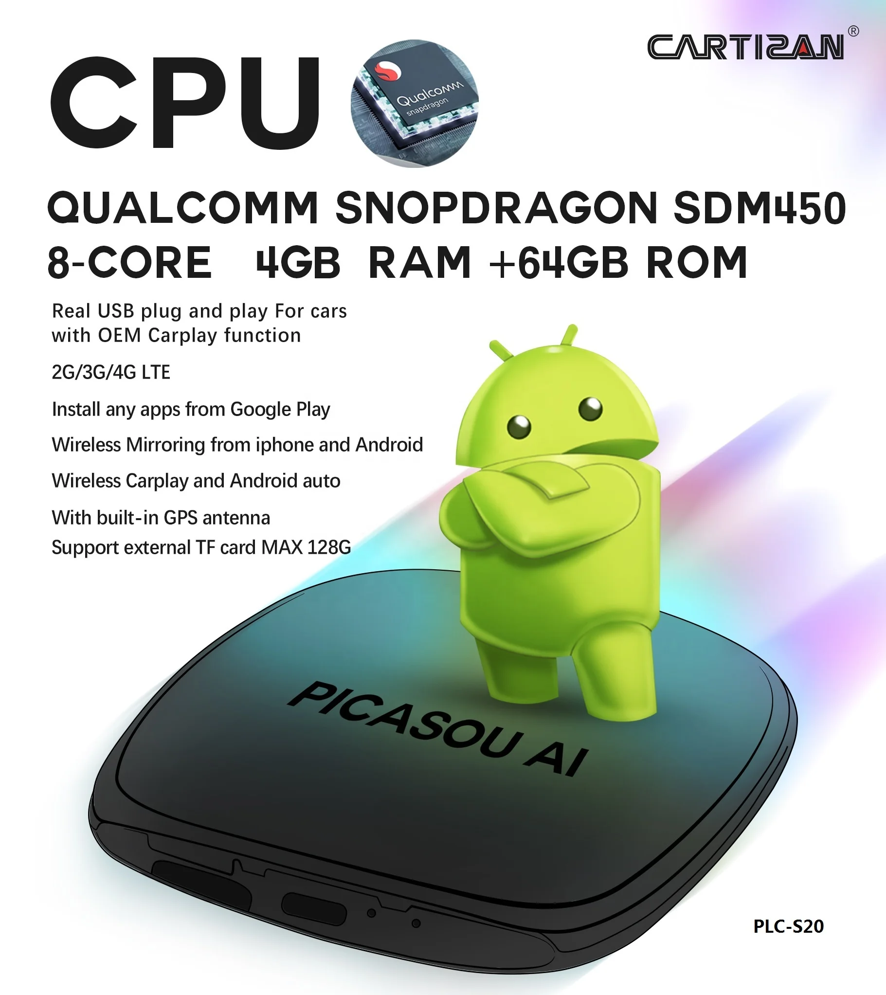 Автомобильный Android 9 ТВ приставка с беспроводной CarPlay адаптер AI Smart 4G SIM мультимедиа онлайн-плеер picasou SDM450 8-Core 4 Гб +