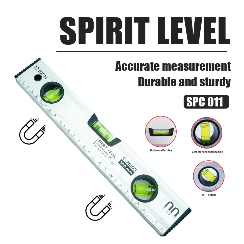 3 Spirit Bubble Shockproof Top Vial Alloy Frame 12Inch Magnetic Level Torpedo Level