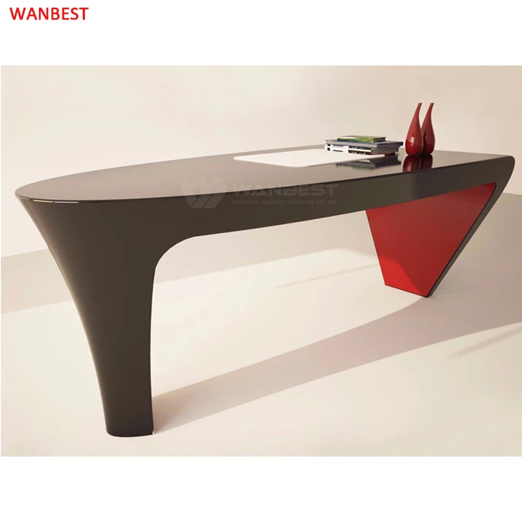 Fancy Acrylic Oval White and Red Office Executive Boss Computer Desk Home Study Table