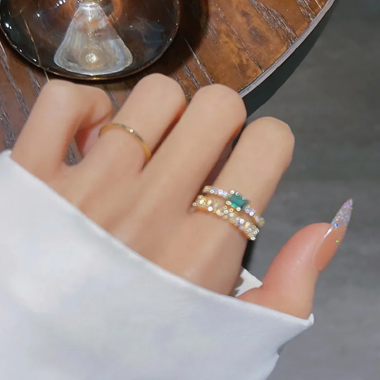 Korean Hot Selling Sense Green Zircon Double Layer Ring Luxury Emerald Gemstone Crystal Open Adjustable Rings Jewelry Women