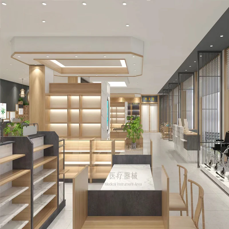New Chinese Style Pharmacy Pharmacy Interior Decoration Design Customized Modern Cash Register Display Rack Furniture Matching