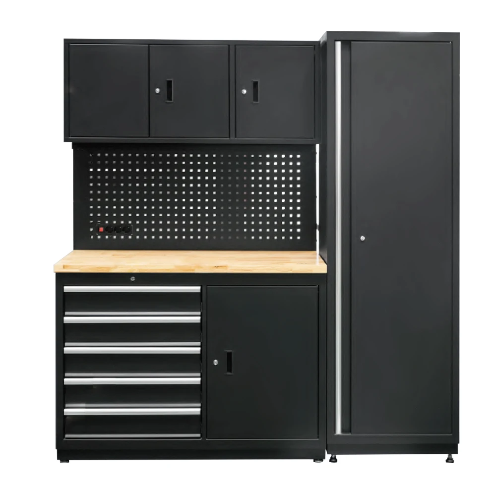 Car Repair Hand Tools Storage Cabinet Top Hanging Cabinets 2 Door Drawers Chest Work Station with Hooks and LED Lights
