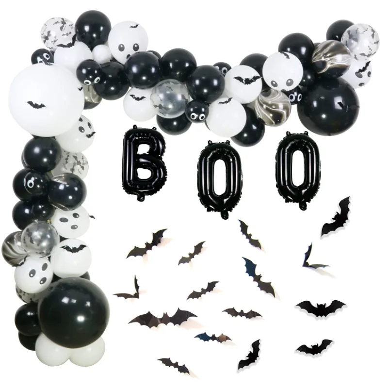 Набор воздушных шаров на Хэллоуин, супинатор с гирляндой, черные и белые латексные шары 16 дюймов из фольги Boo, с 3d-пакетом летучей мыши из ПВХ для украшения на Хэллоуин