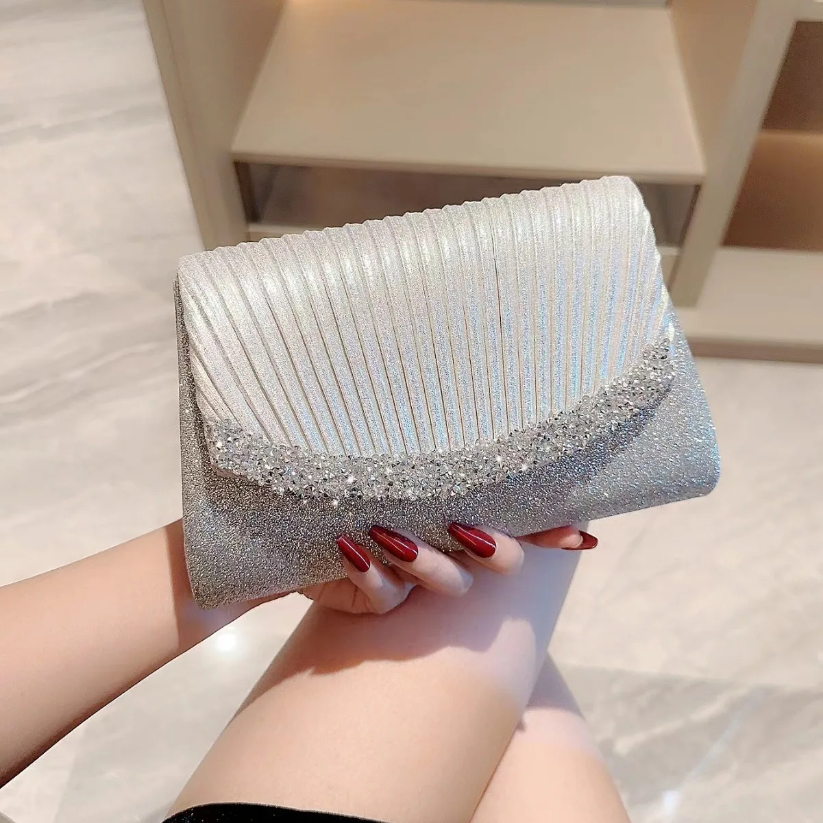 glitter bling chain crossbody bags women luxury pleated silver clutch rhinestone evening bags