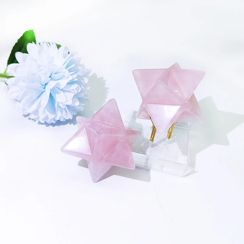 Crystal Rose Quartz Merkaba Stars Wholesale Natural High Quality 8 Point Hand Carved Merkaba Star for Gift 40mm Souvenir Love Qs