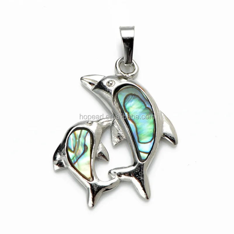 MOP05 Cute Design for Children Jewelry Paua Abalone Shell Double Dolphin Pendant